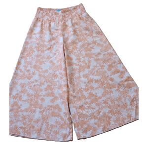 CeCe Women's Large Wide Leg Linen Blend White & Orange Tropical Pants